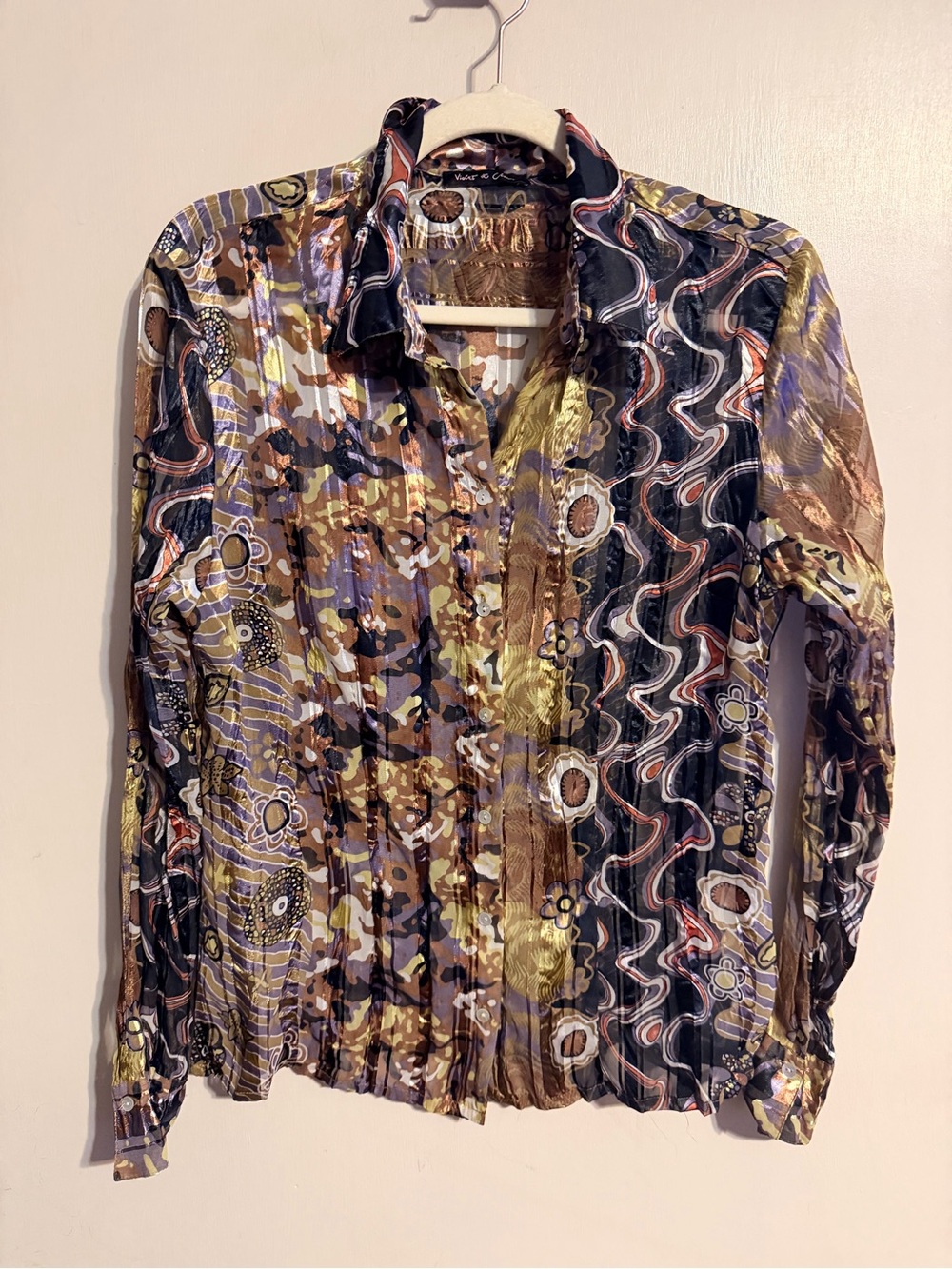 Metallic Abstract Sheer Button Up Blouse Y2K Artsy Euro Chic Top L - Picture 2 of 11